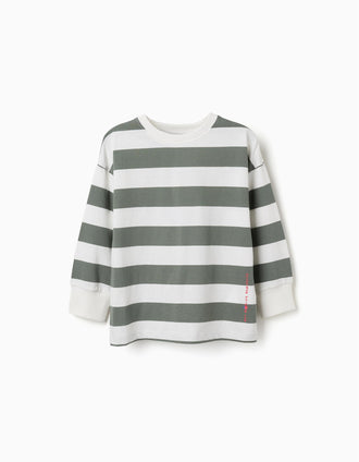 Long sleeve cotton T-shirt with stripes and print for boys, white/green
