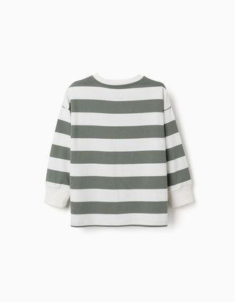 Long sleeve cotton T-shirt with stripes and print for boys, white/green