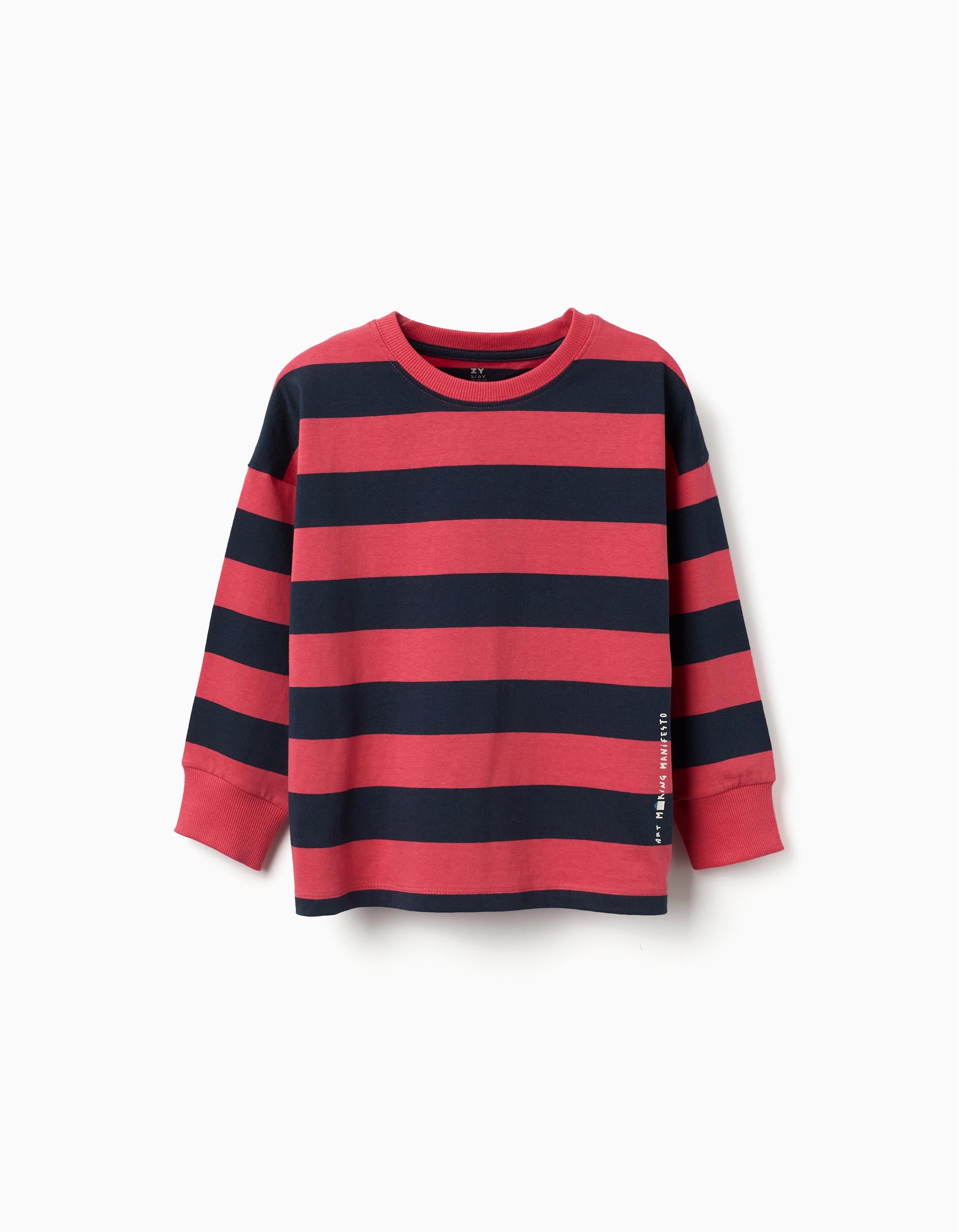 Long sleeve cotton T-shirt with stripes and print for boys, red/blue