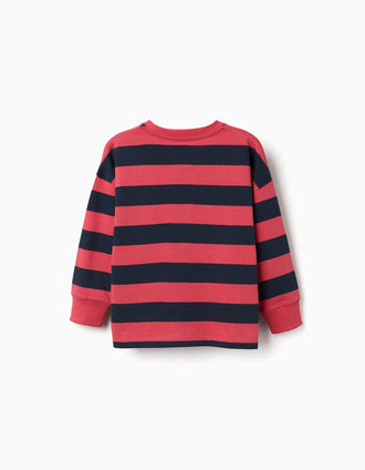 Long sleeve cotton T-shirt with stripes and print for boys, red/blue