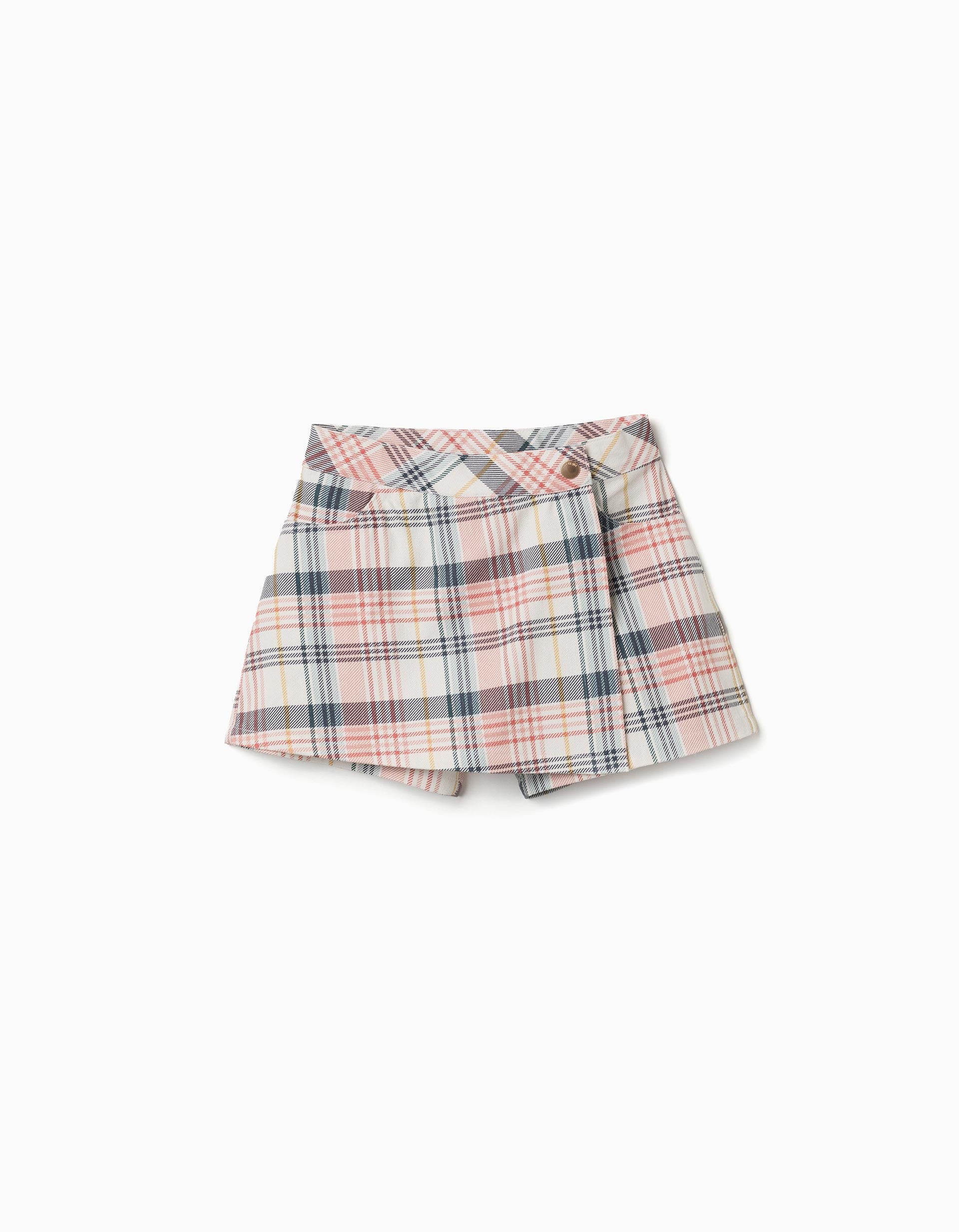 Falda pantalón de sarga con estampado a cuadros para niña, multicolor