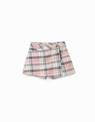 Saia-calção de sarja com padrão xadrez para menina, multicolor