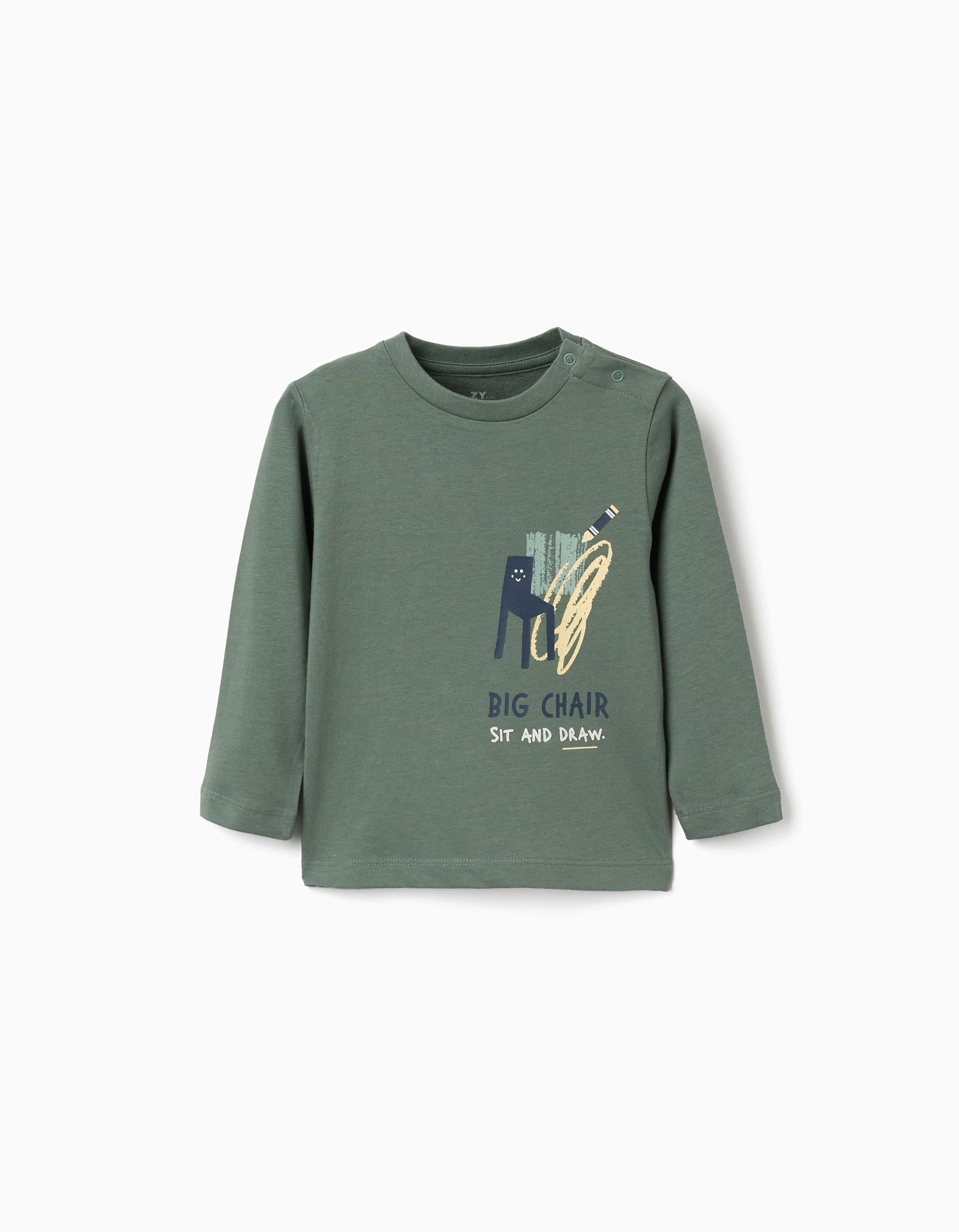 T-shirt de manga comprida de algodão Sit and Draw para bebé menino, verde