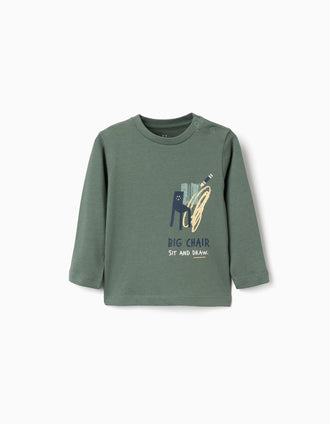 T-shirt de manga comprida de algodão Sit and Draw para bebé menino, verde