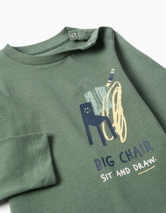 T-shirt de manga comprida de algodão Sit and Draw para bebé menino, verde