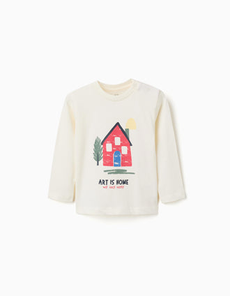 T-shirt de manga comprida com casa estampada para bebé menino, branco