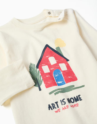 T-shirt de manga comprida com casa estampada para bebé menino, branco
