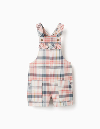 Twill short dungarees with checked pattern for baby girls, multicolour