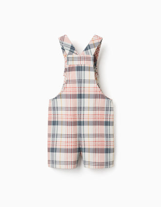 Twill short dungarees with checked pattern for baby girls, multicolour