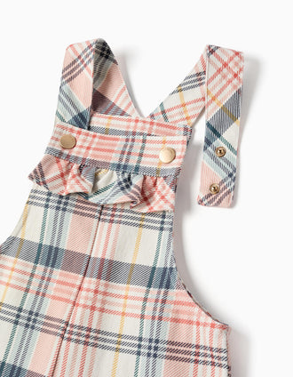 Twill short dungarees with checked pattern for baby girls, multicolour