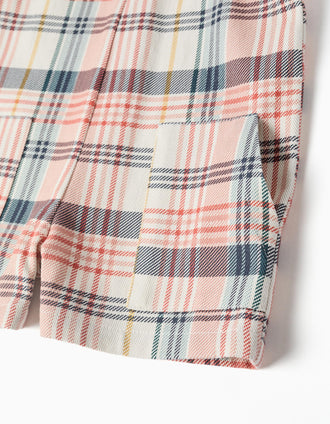 Twill short dungarees with checked pattern for baby girls, multicolour