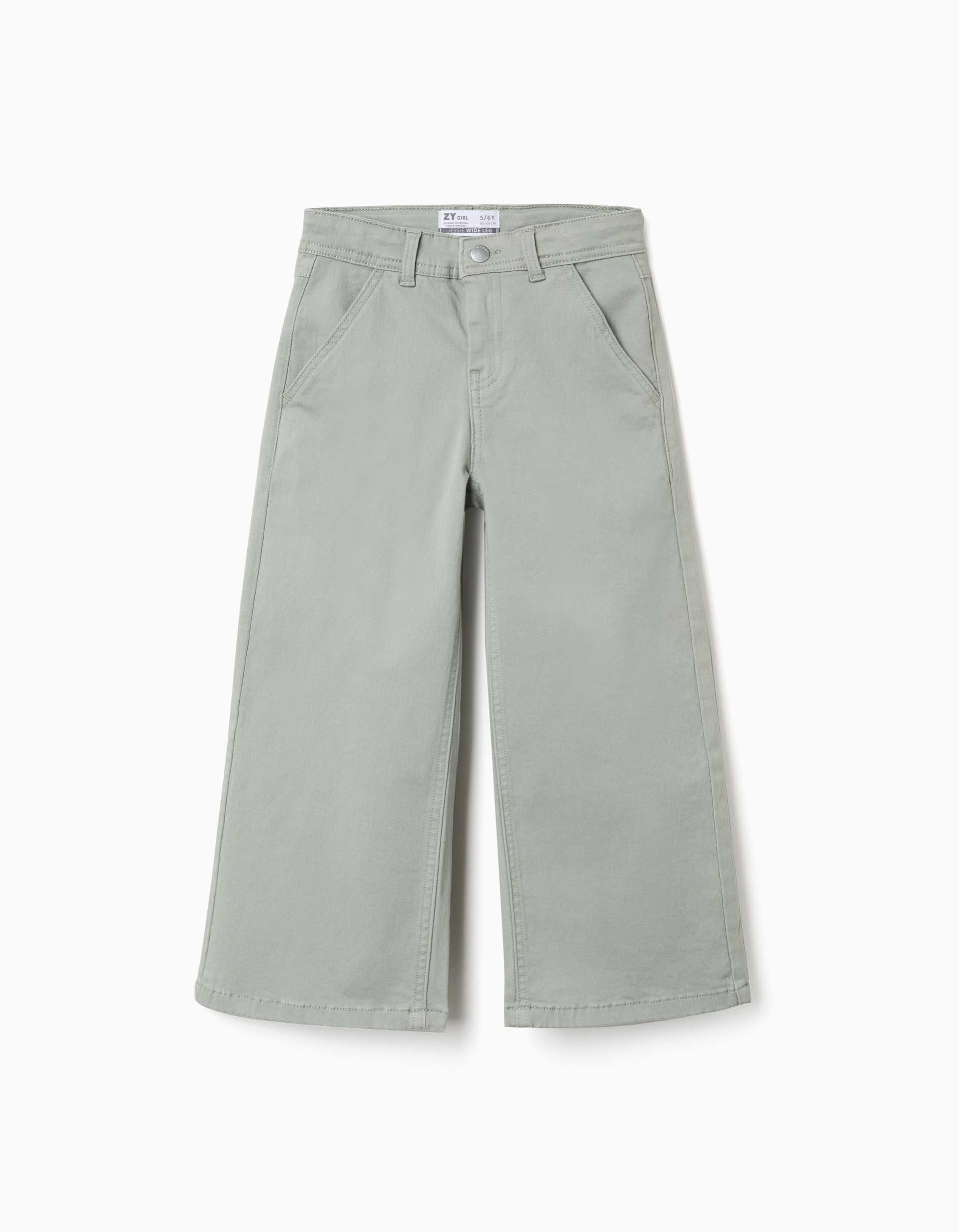 Calças de sarja wide leg com quatro bolsos para menina, verde-sálvia