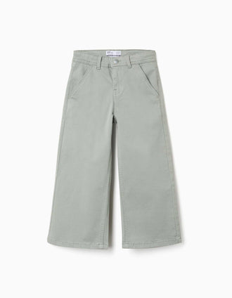 Calças de sarja wide leg com quatro bolsos para menina, verde-sálvia