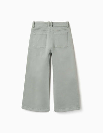 Calças de sarja wide leg com quatro bolsos para menina, verde-sálvia