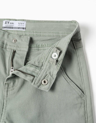 Calças de sarja wide leg com quatro bolsos para menina, verde-sálvia