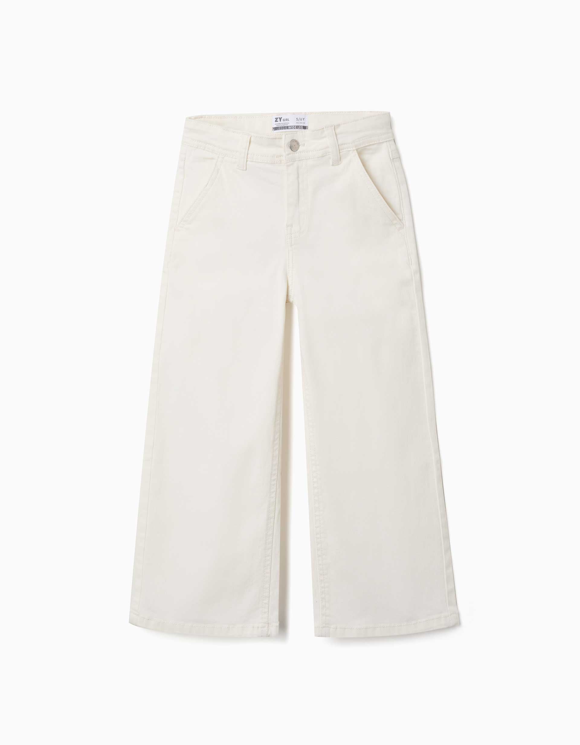 Calças de sarja wide leg com quatro bolsos para menina, branco