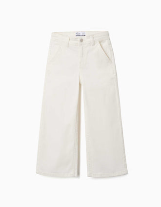 Calças de sarja wide leg com quatro bolsos para menina, branco