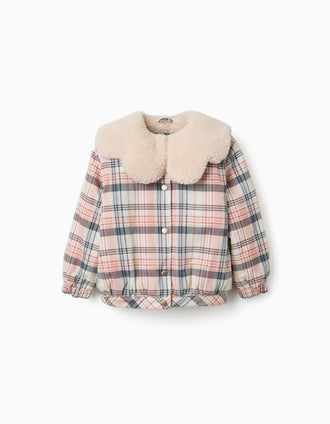 Blouson à carreaux avec col et doublure en sherpa pour fille, multicolore