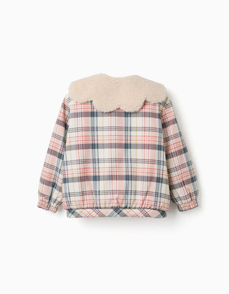 Blouson à carreaux avec col et doublure en sherpa pour fille, multicolore
