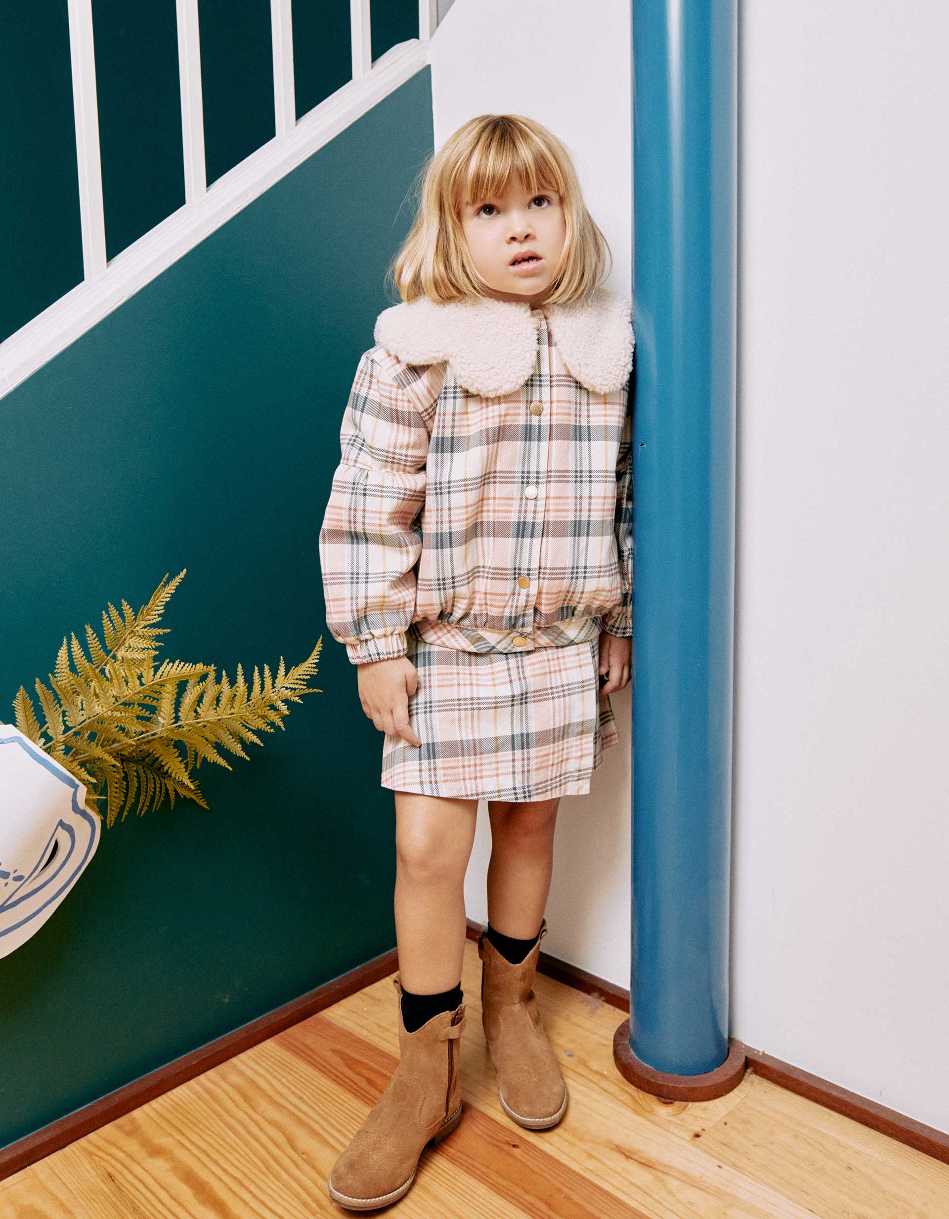 Blouson à carreaux avec col et doublure en sherpa pour fille, multicolore