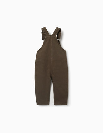 Jardineiras de sarja com bolso frontal para bebé menino, castanho