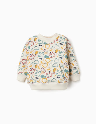 Brushed sweatshirt with colourful print for baby boys, white