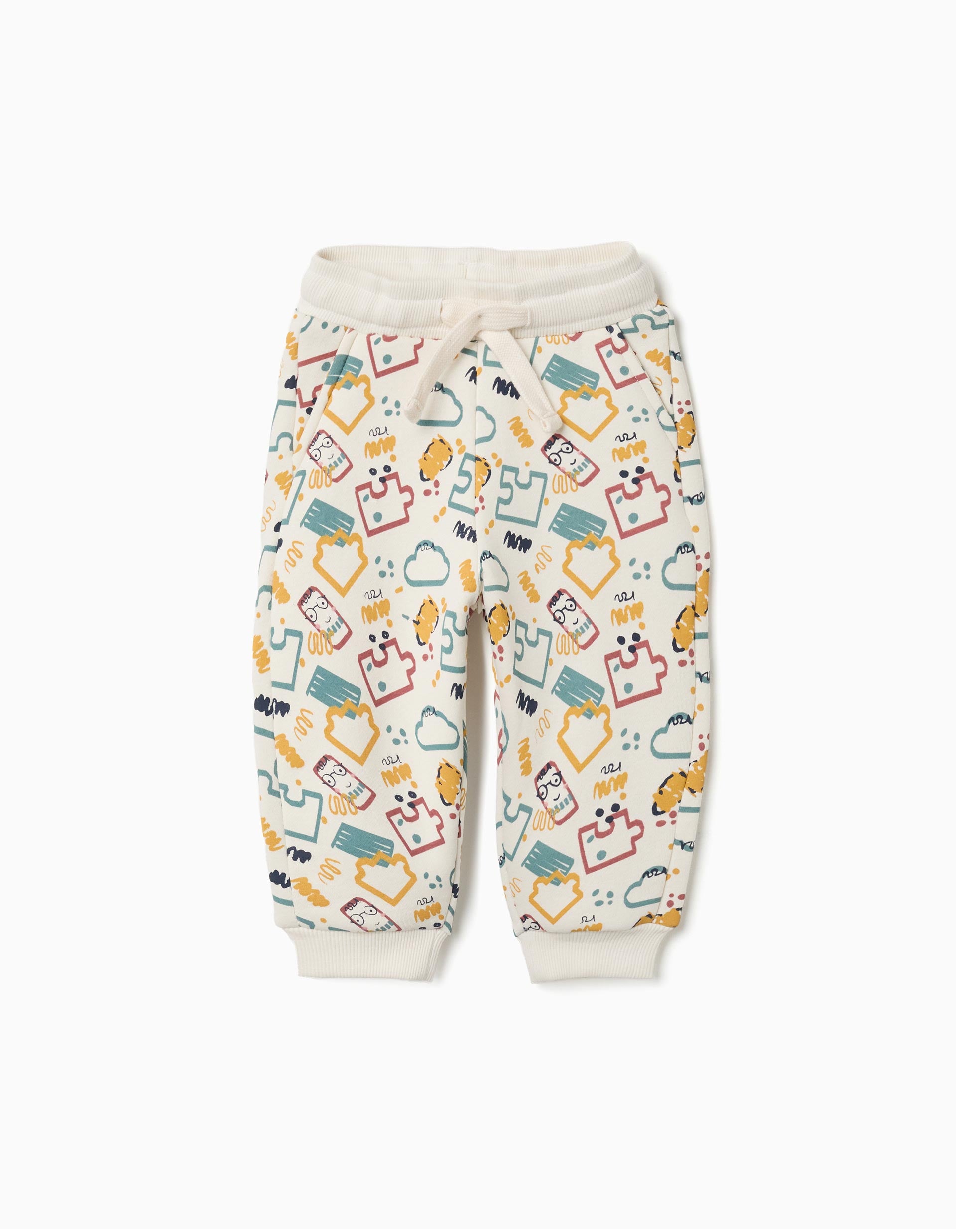 Calças de treino cardadas com estampado colorido para bebé menino, branco