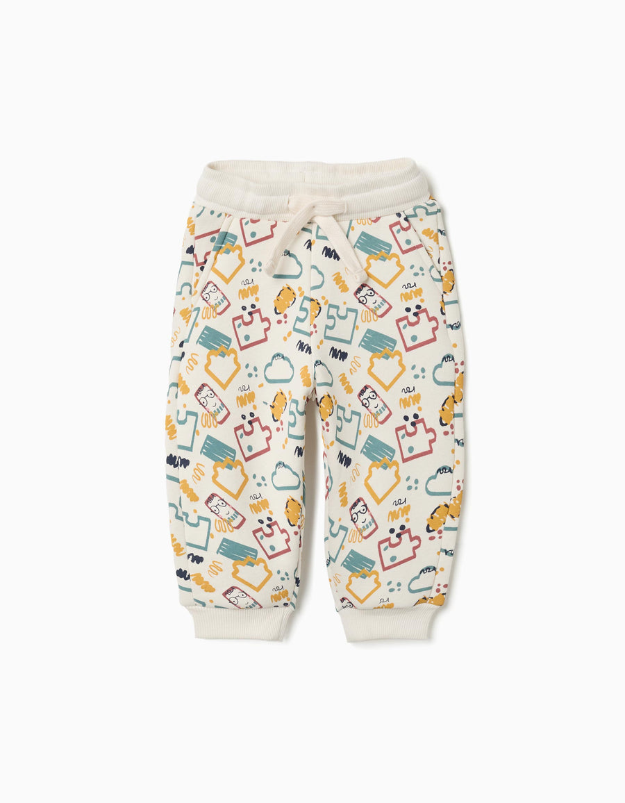 Brushed fleece joggers with colourful print for baby boys, white