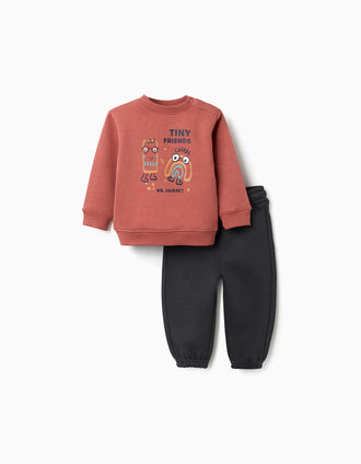 Brushed jogging set with Friends print for baby boys, terracotta/grey