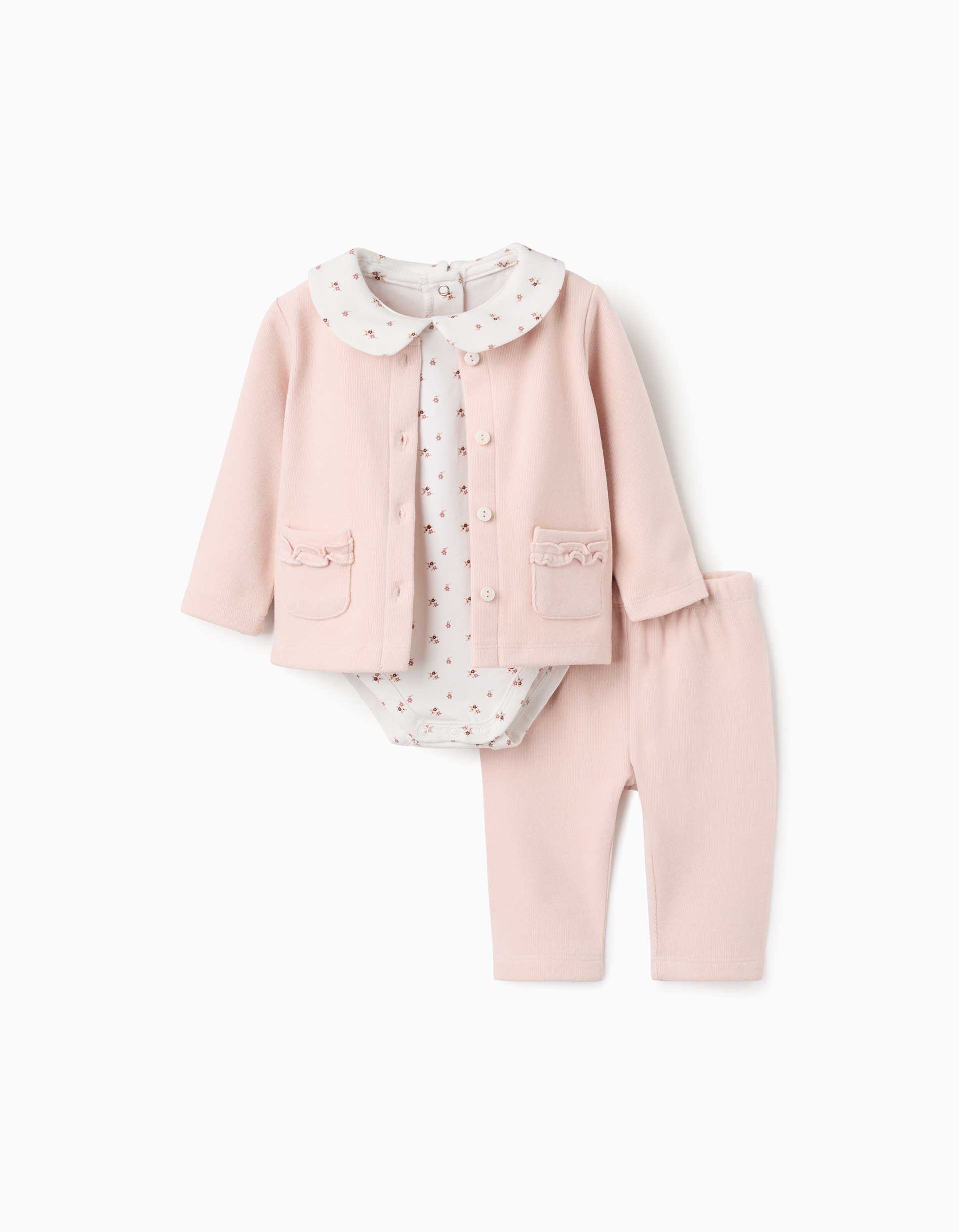Conjunto de 3 piezas con motivo floral para recién nacida, rosa/blanco