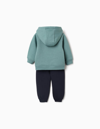 Brushed jogging set with print for baby boys, blue-green/navy blue