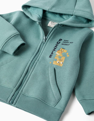 Brushed jogging set with print for baby boys, blue-green/navy blue