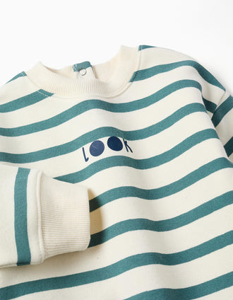 Sweat cardada às riscas para bebé menino, branco/azul-esverdeado