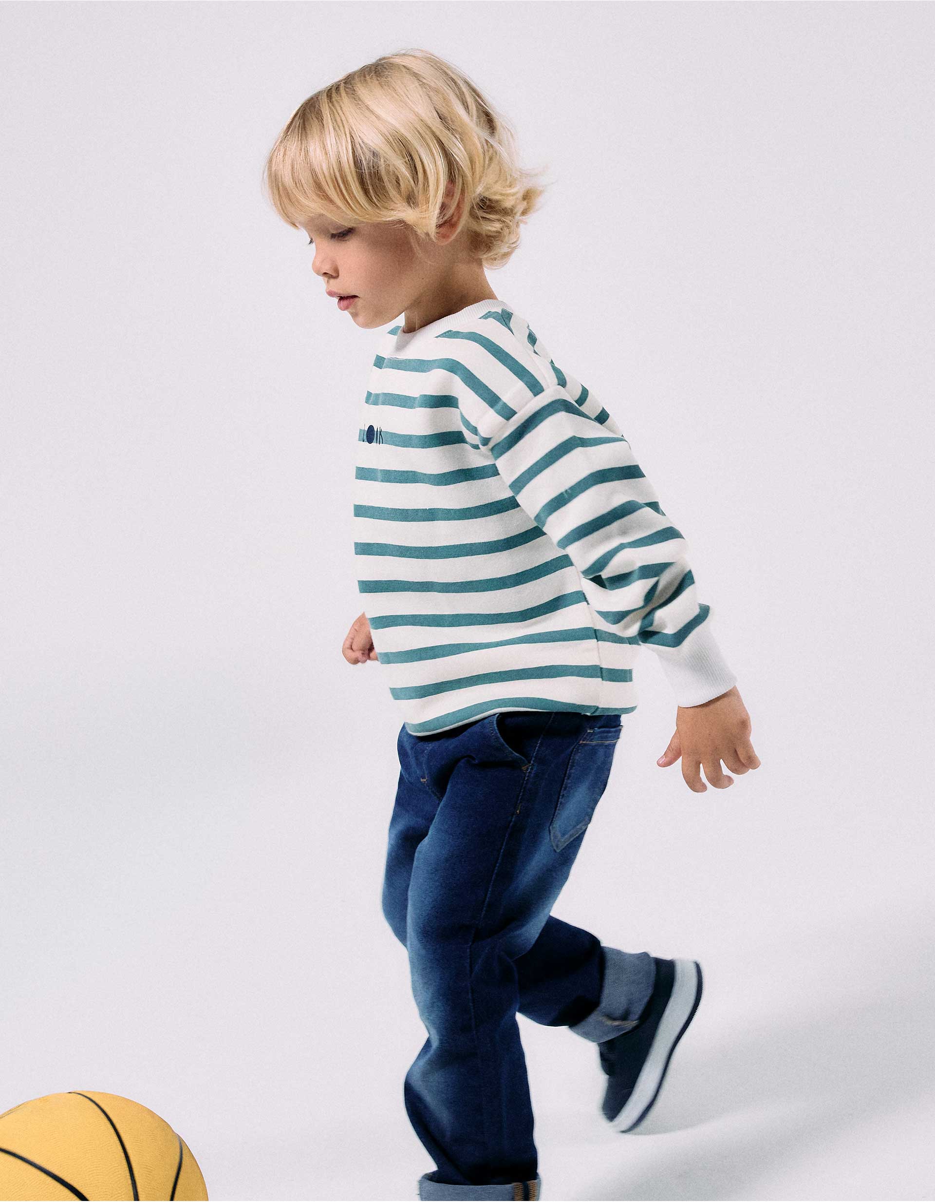 Striped brushed sweatshirt with print for baby boys, white/blue-green