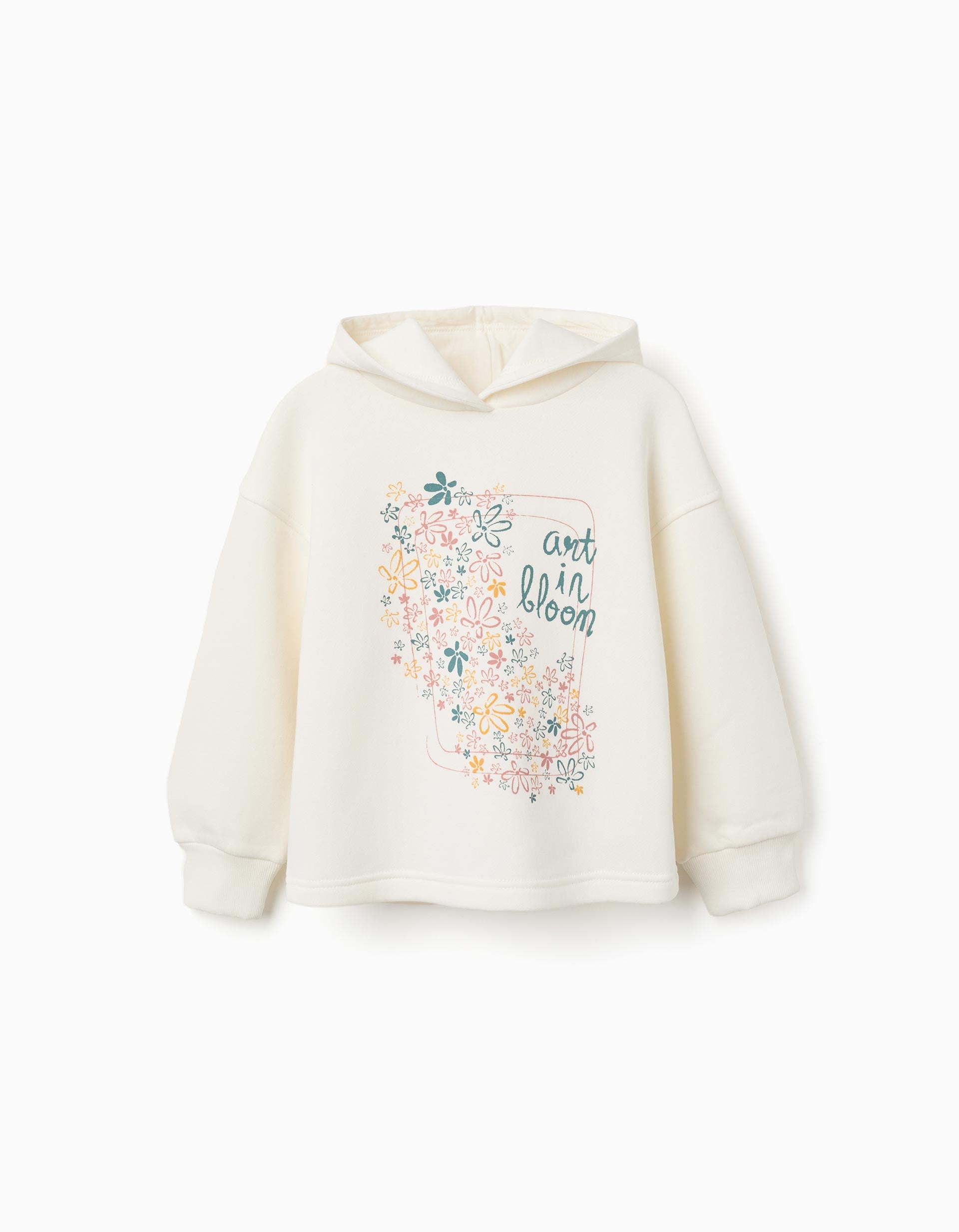 Sweat cardada com capuz e estampado floral para menina, branco