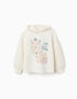 Brushed hooded sweatshirt with floral print for girls, white