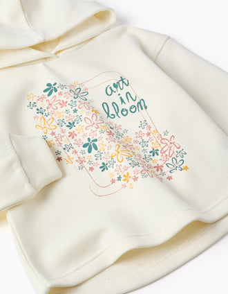 Sweat cardada com capuz e estampado floral para menina, branco