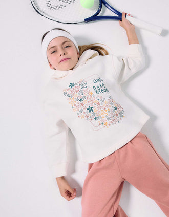 Brushed hooded sweatshirt with floral print for girls, white