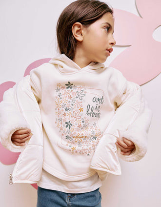 Brushed hooded sweatshirt with floral print for girls, white