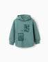 Brushed hooded sweatshirt with floral print for girls, blue-green