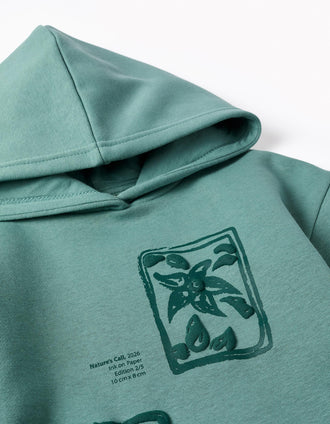 Sweat cardada com capuz e estampado floral para menina, azul-esverdeado