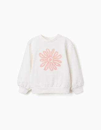 Sweatshirt with flower embossed print for girls, white/pink