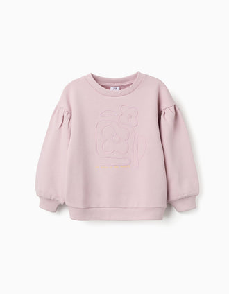 Cotton sweatshirt with embroidered flowers for girls, light purple