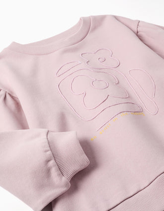 Cotton sweatshirt with embroidered flowers for girls, light purple