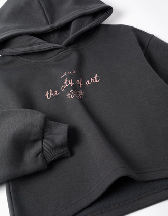 Sweat cardada com capuz e estampado City of Art para menina, cinza