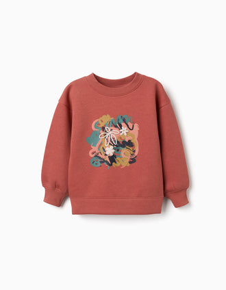 Sweat cardada com motivo de arte e natureza para menina, terracota