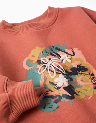 Sweat cardada com motivo de arte e natureza para menina, terracota