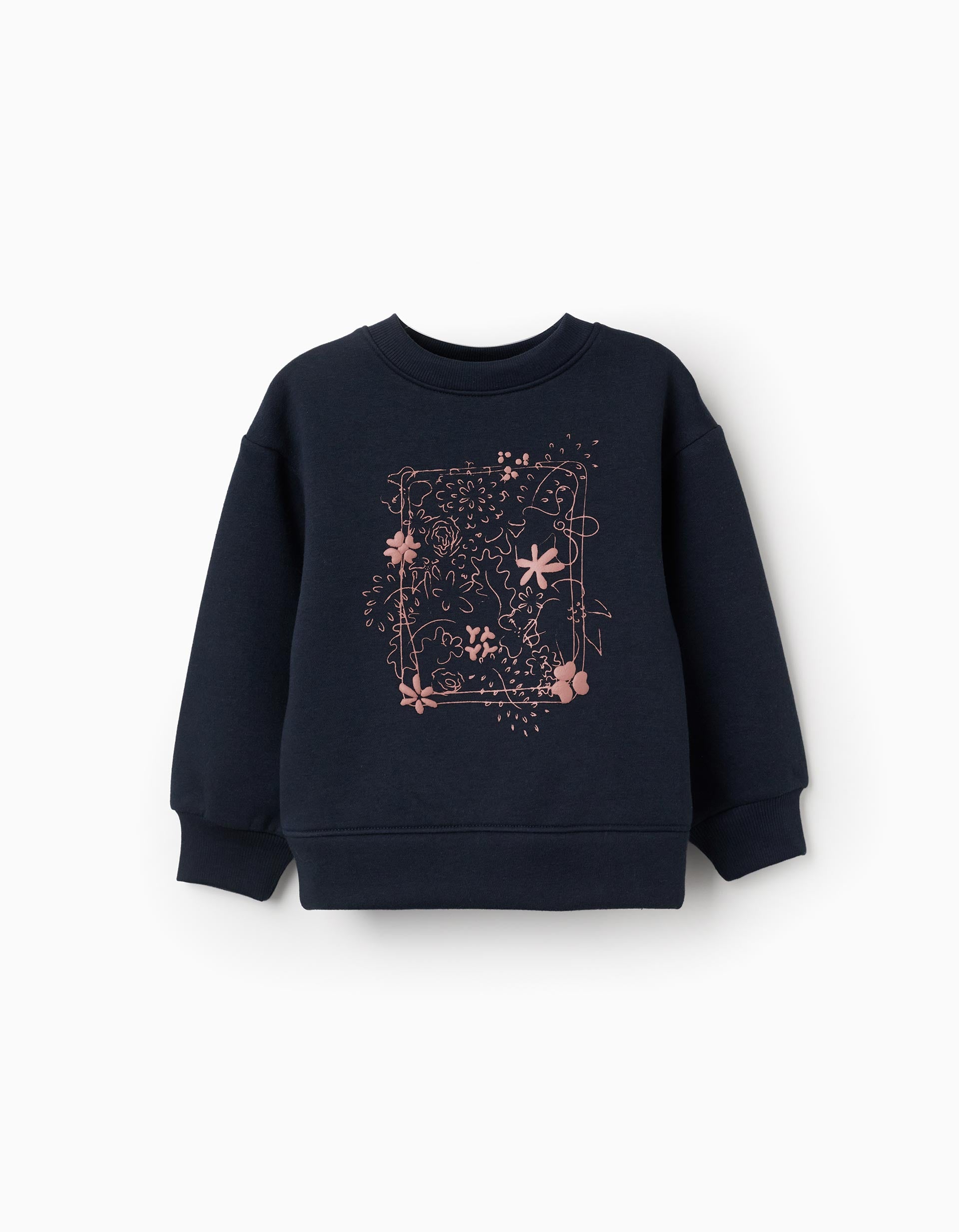 Sweat cardada com motivo de arte e natureza para menina, azul-marinho