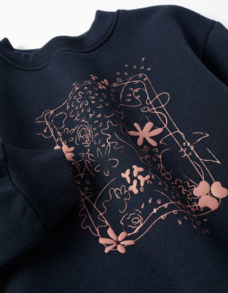 Sweat cardada com motivo de arte e natureza para menina, azul-marinho