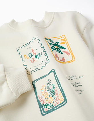 Sweat cardada com motivo de arte e natureza para menina, branco